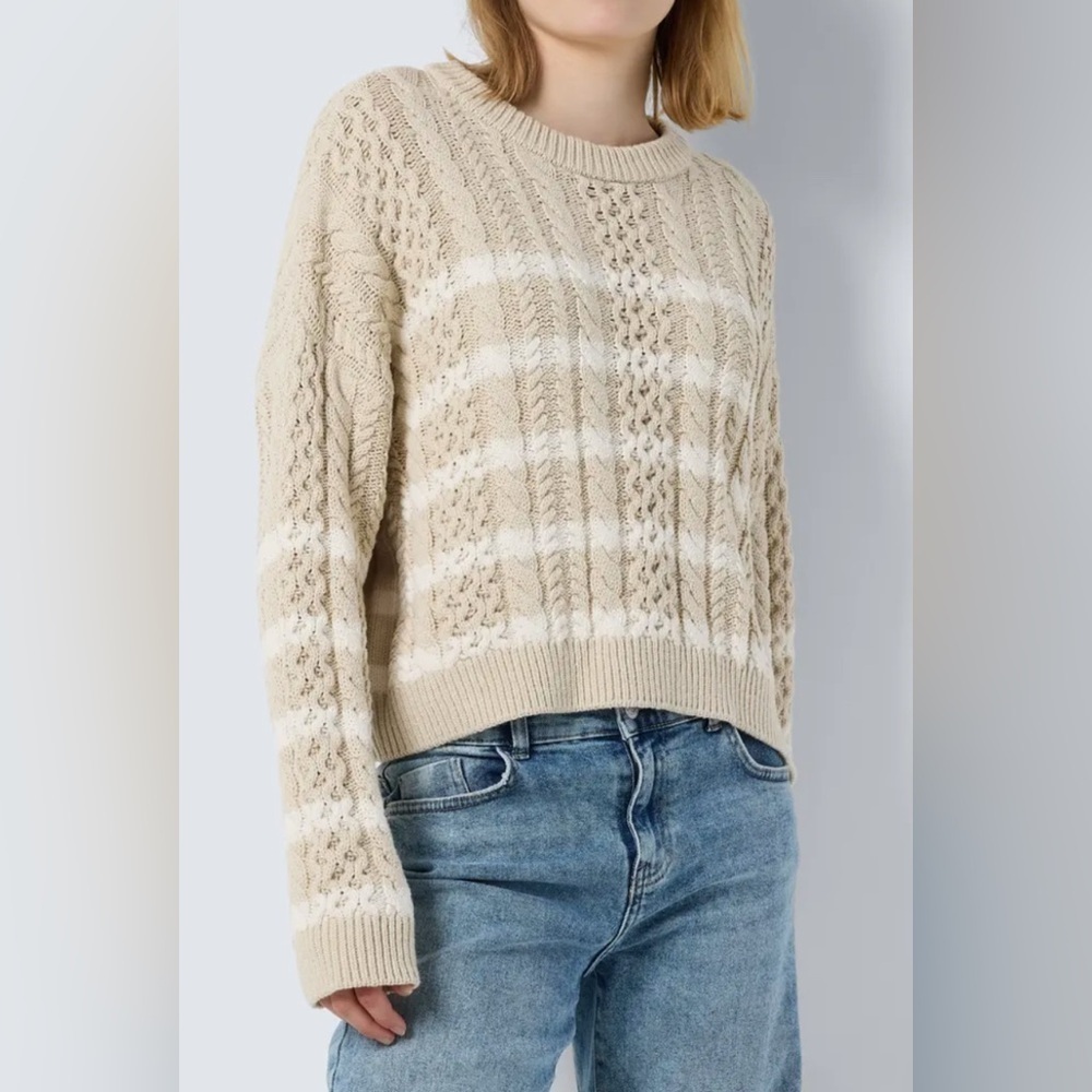 Noisy May Bali Stripe Oversized Cotton Blend Sweater Tan White Knit Size XS